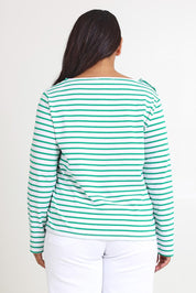 Model Ashleigh wearing size 16 of the Cotton Stripe Long Sleeve Top in colour Whitegreen (Green), from the back