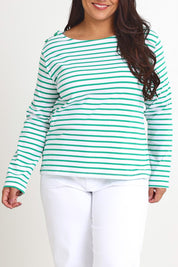 Model Ashleigh wearing size 16 of the Cotton Stripe Long Sleeve Top in colour Whitegreen (Green), from the front, cropped image