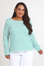 Model Ashleigh wearing size 16 of the Cotton Stripe Long Sleeve Top in colour Whitegreen (Green), from the front, cropped image