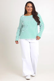 Model Ashleigh wearing size 16 of the Cotton Stripe Long Sleeve Top in colour Whitegreen (Green), from the front, showing the whole outfit