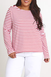 Model Ashleigh wearing size 16 of the Cotton Stripe Long Sleeve Top in colour Whitered (Red), from the front, cropped image