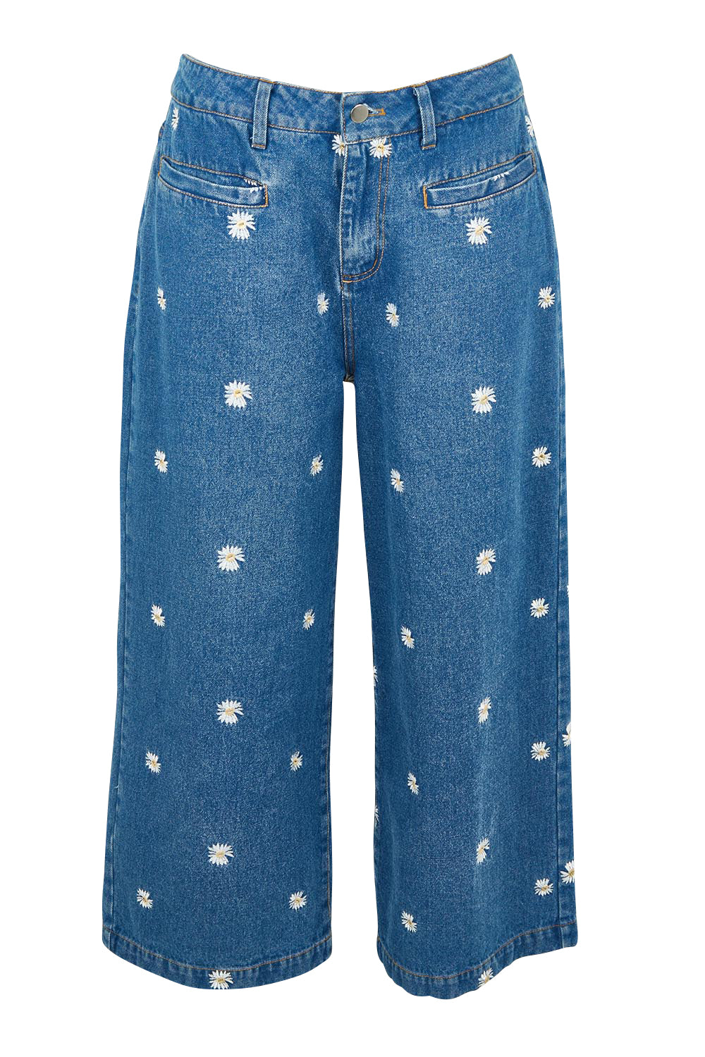 Product shot of the Daisy Cotton Crop Jean in colour Daisy (Blue), from the front