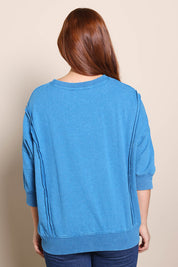 Model Georgiel wearing size 10 of the Heart 3/4 Sleeve Jumper – Bluebeige in colour Bluebeige, from the back