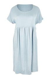 Product shot of the Viscose Linen Short Sleeve Dress in colour Dustyblue (Blue), from the front