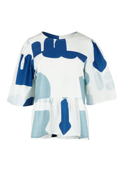 Product shot of the Cotton Tiered Blouse in colour Abstract (Blue), from the front