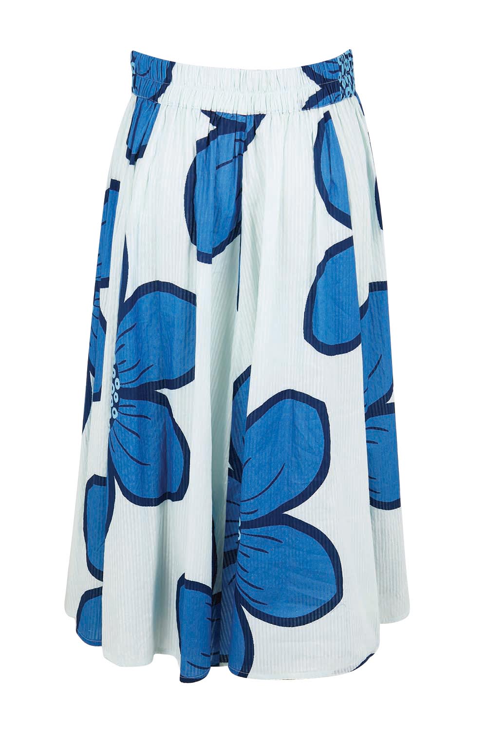 Product shot of the Cotton Flower Skirt – Blue in colour Blue, from the back