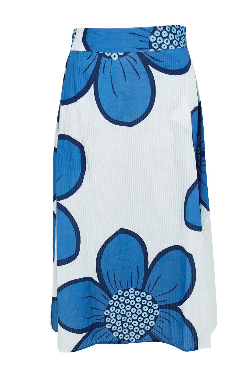 Product shot of the Cotton Flower Skirt – Blue in colour Blue, from the front