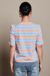 Model Katie wearing size 10 of the Cotton Stripe Puff Sleeve Top in colour Blueorange (Blue), from the back