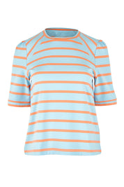 Product shot of the Cotton Stripe Puff Sleeve Top in colour Blueorange (Blue), from the front