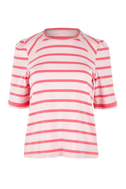 Product shot of the Cotton Stripe Puff Sleeve Top in colour Pink (Pink), from the front