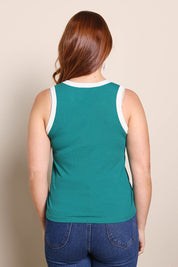 Model Georgiel wearing size 10 of the Cotton Blend Tank Top – Green in colour Green, from the back