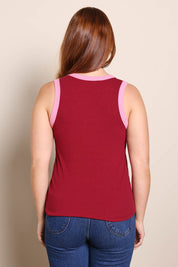 Model Georgiel wearing size 10 of the Cotton Blend Tank Top – Wine in colour Wine, from the back