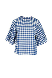 Product shot of the Cotton Gingham Frill Blouse – Blue in colour Blue, from the front