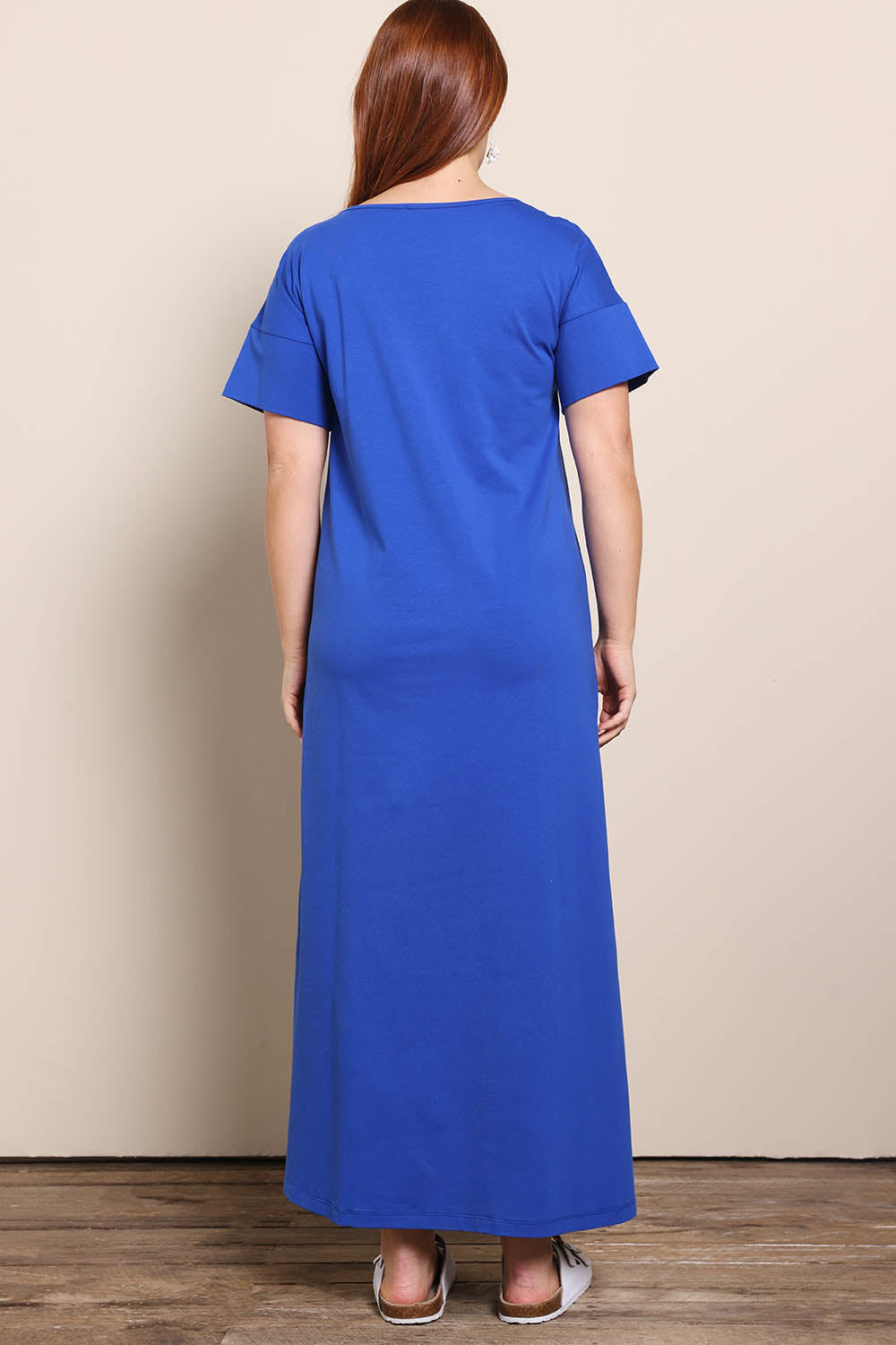Model Georgiel wearing size 10 of the Cotton Jersey T-Shirt Dress – Blue in colour Blue, from the front