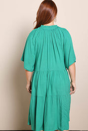 Model Georgiel wearing size 10 of the Relaxed Tiered Dress – Herb in colour Herb, from the back