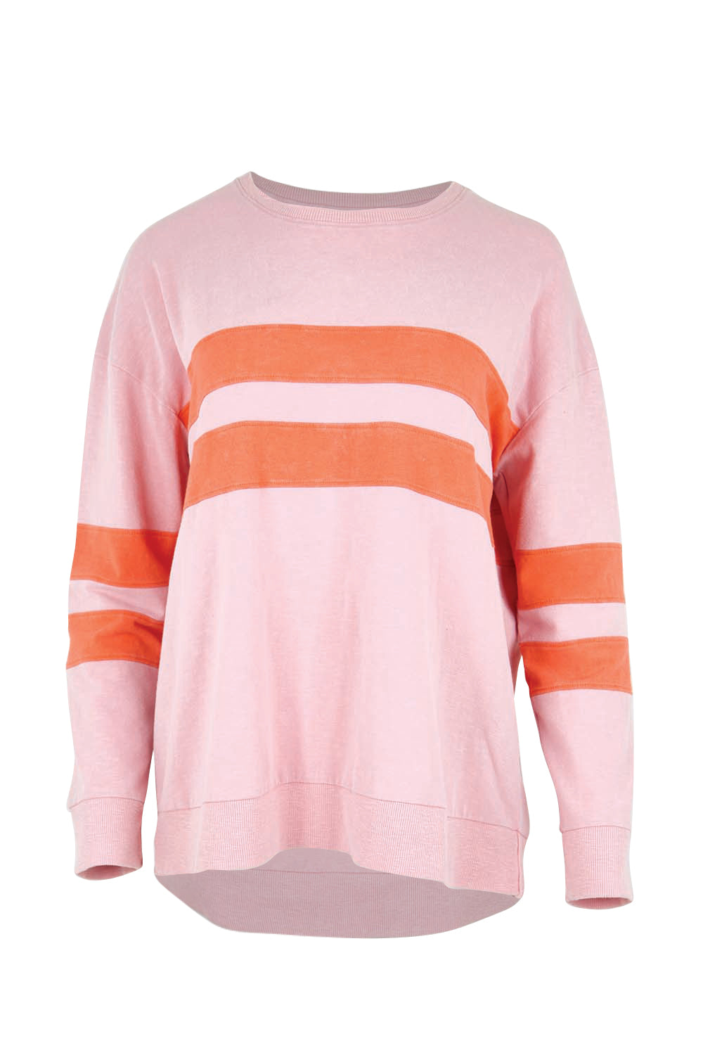 Product shot of the Contrast Stripe Jumper – Pink in colour Pink, from the front