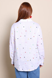 Model Georgiel wearing size 10 of the Linen Embroided Shirt – White in colour White, from the back