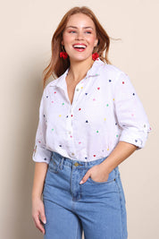 Model Georgiel wearing size 10 of the Linen Embroided Shirt – White in colour White, in a cropped view