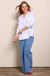 Model Georgiel wearing size 10 of the Linen Embroided Shirt – White in colour White, from the front