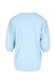 Product shot of the Embroided Sleeve Tee – Blue in colour Blue, from the back