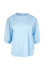 Product shot of the Embroided Sleeve Tee – Blue in colour Blue, from the front