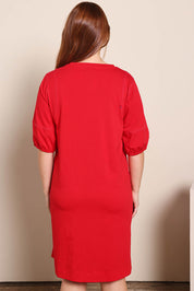 Model Georgiel wearing size 10 of the Cotton Jersey Relaxed Dress – Red in colour Red, from the back