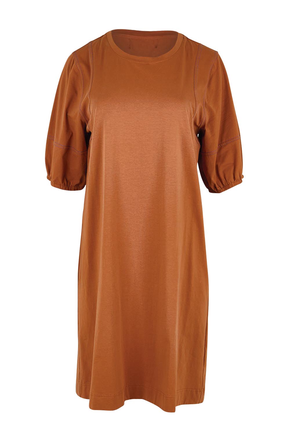 Product shot of the Cotton Jersey Relaxed Dress – Toffee in colour Toffee, from the front