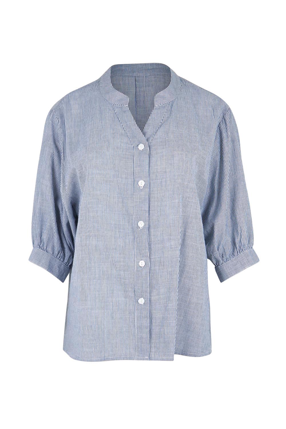 Product shot of the Cotton Button Down Stripe Blouse – Slate in colour Slate, from the front