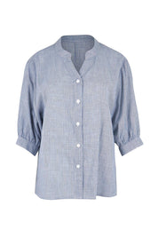 Product shot of the Cotton Button Down Stripe Blouse – Slate in colour Slate, from the front