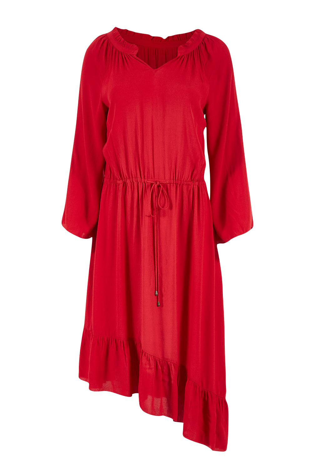 Product shot of the Staggered Ruffle Dress in colour Cranberry (Red), from the front