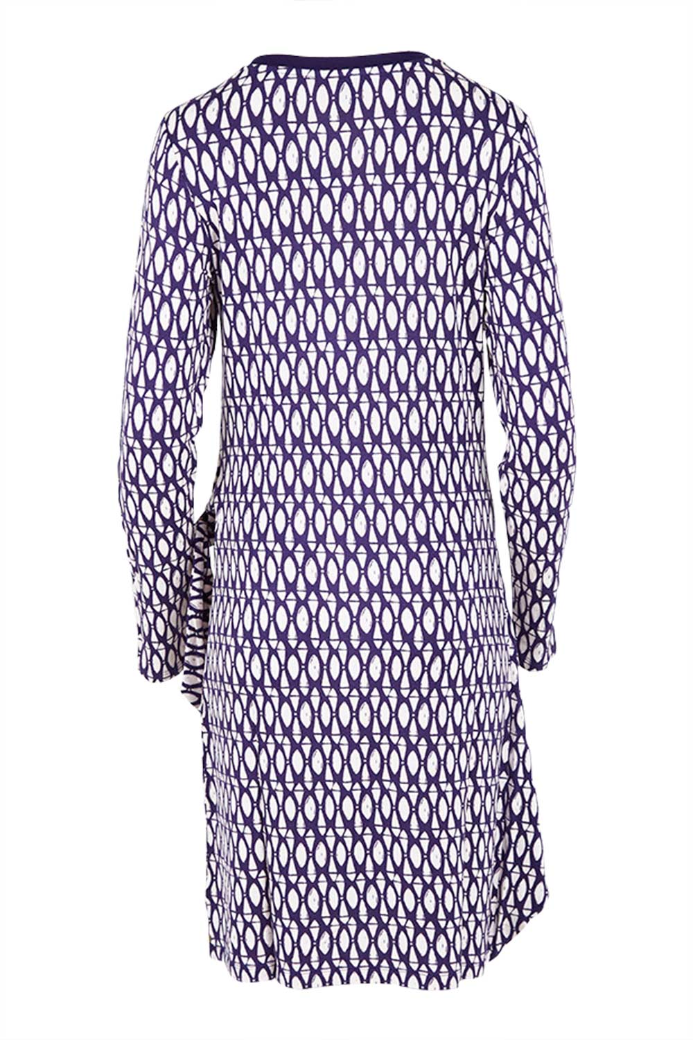 Product shot of the Wrap Dress in colour Geometric (Blue), from the back