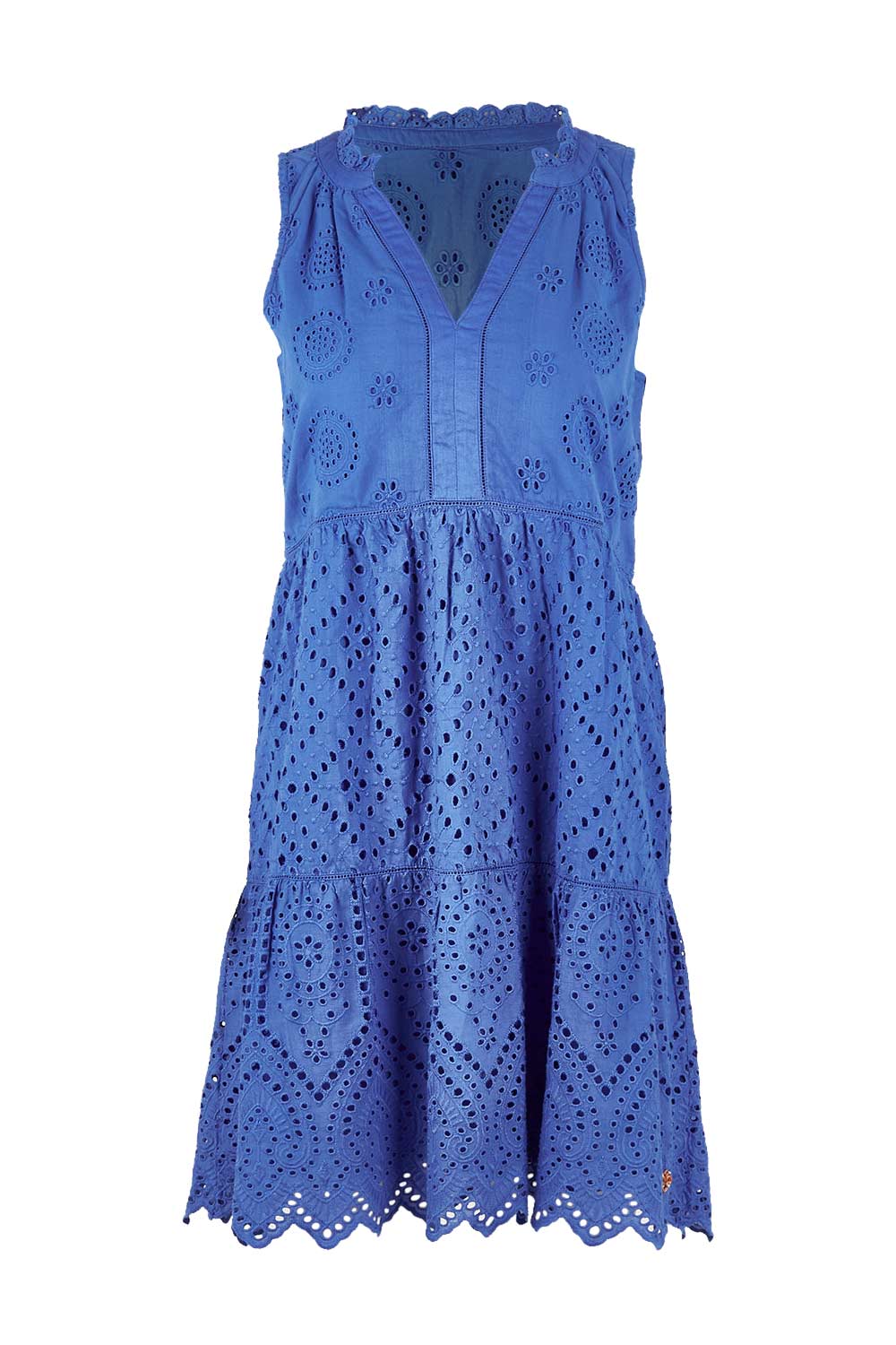 Product shot of the Lauren Eyelet Dress in colour Amparoblue (Blue), from the front