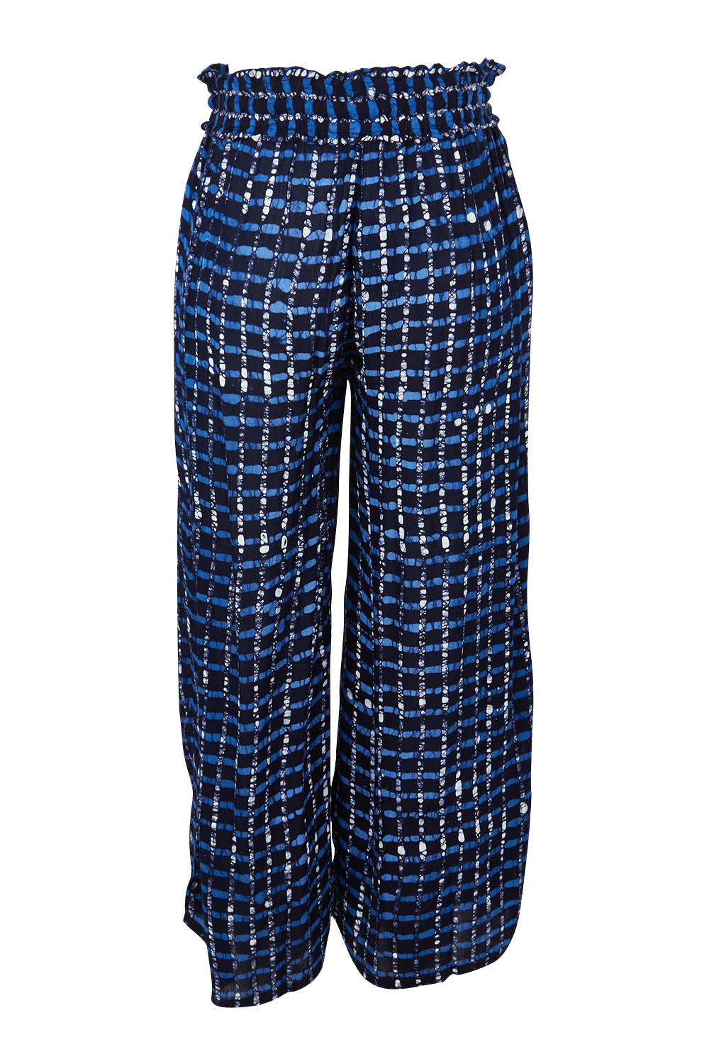 Product shot of the Cassie Pants in colour Plaid (Blue), from the back
