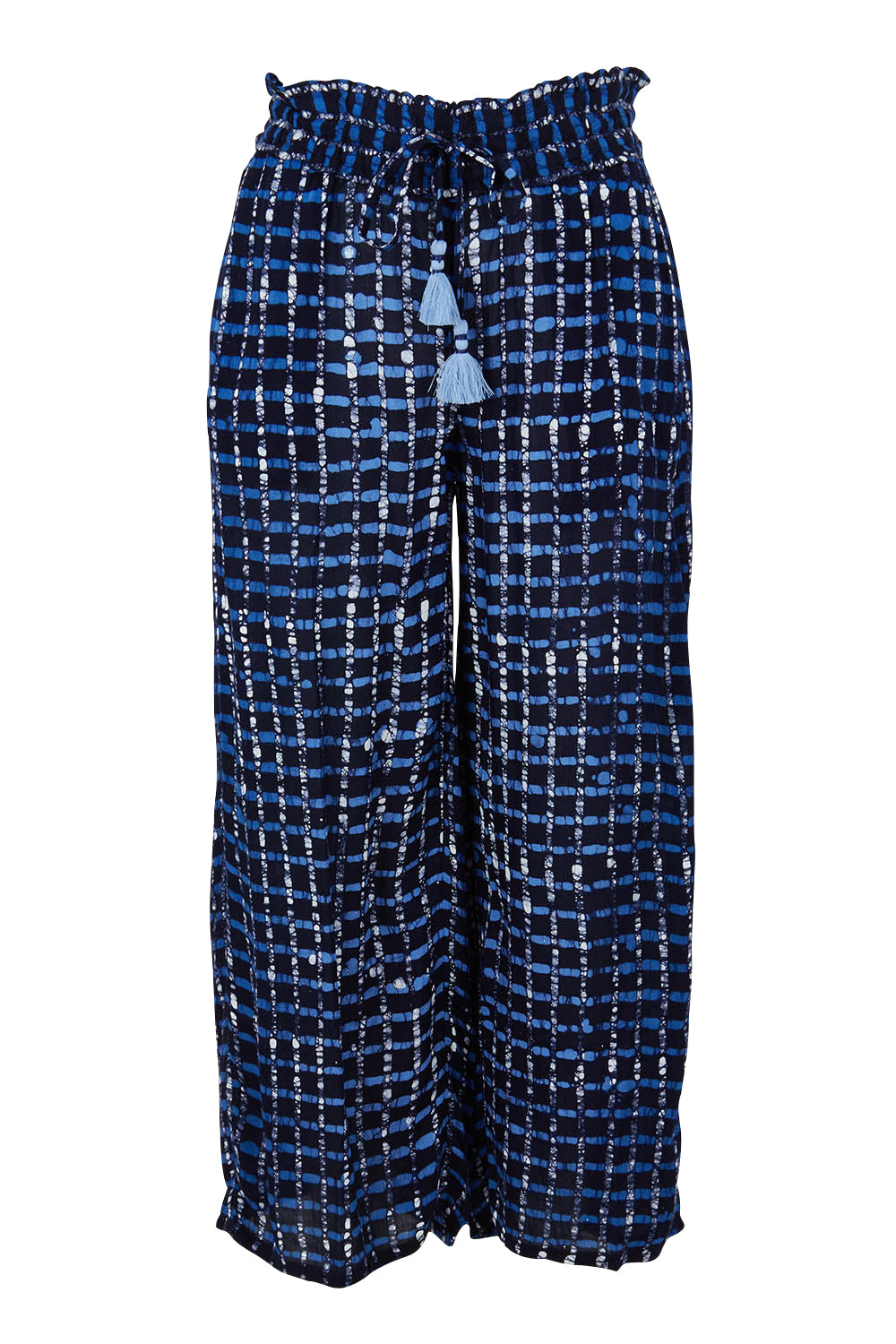 Product shot of the Cassie Pants in colour Plaid (Blue), from the front