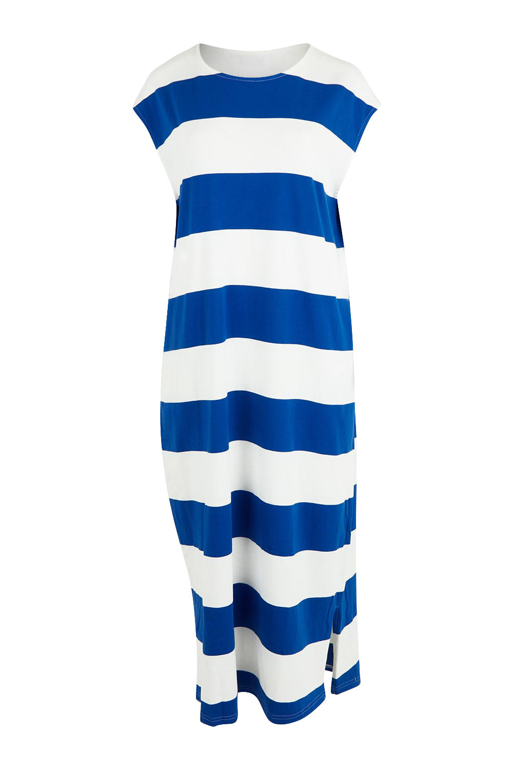 Product shot of the Jardin Stripe Cotton Tshirt Dress in colour Azul (Blue), from the front
