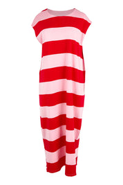 Product shot of the Jardin Stripe Cotton Tshirt Dress in colour Garnet, from the front