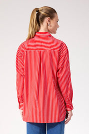 A model wearing the Fairbanks Stripe Shirt in colour Red (Red), from the back
