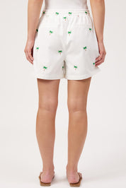 Model Genericm wearing size sample of the Mauritius Embroidered Denim Short – White in colour White, from the back