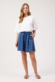 Model Genericm wearing size sample of the Sicily Heart Denim Short – Indigo in colour Indigo, from the front