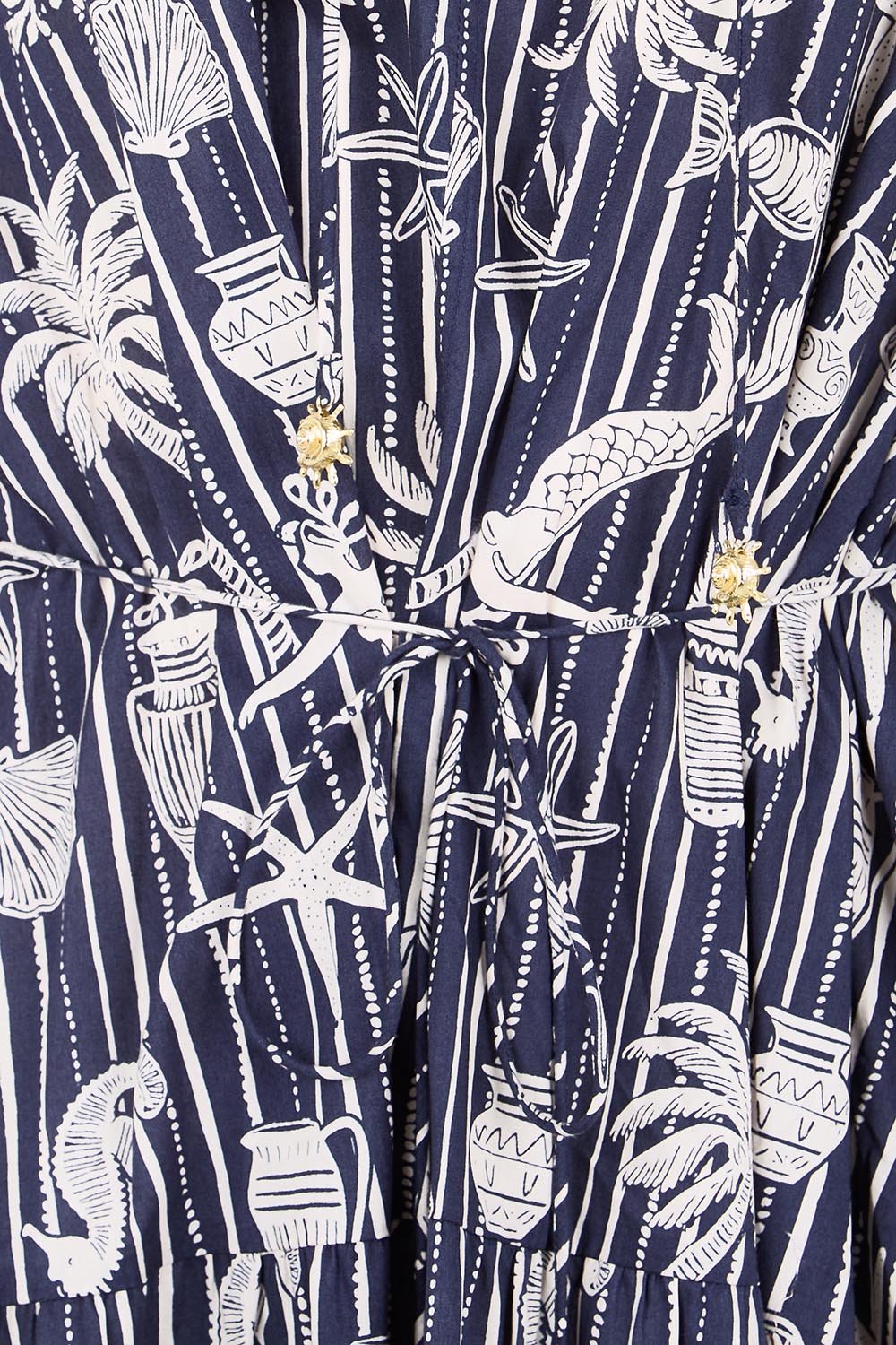 Product shot of the Crete Tiered Maxi Dress – Sea in colour Sea, showing detail