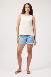Model Genericm wearing size sample of the Olympus Applique Tank – Sand in colour Sand, from the front
