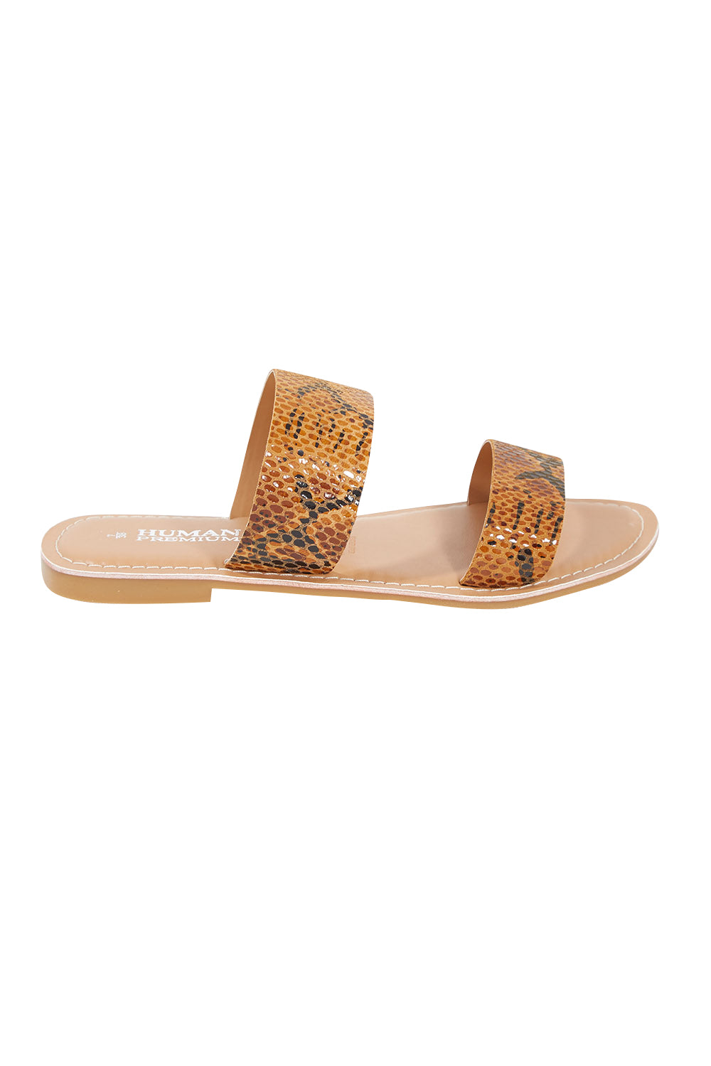 Product shot of the Dakota Leather Sandal in colour Python, from the front