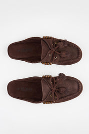 Model Genericm wearing size sample of the Kora Suede Leather Slide - Chocolate in colour Chocolate, in a cropped view