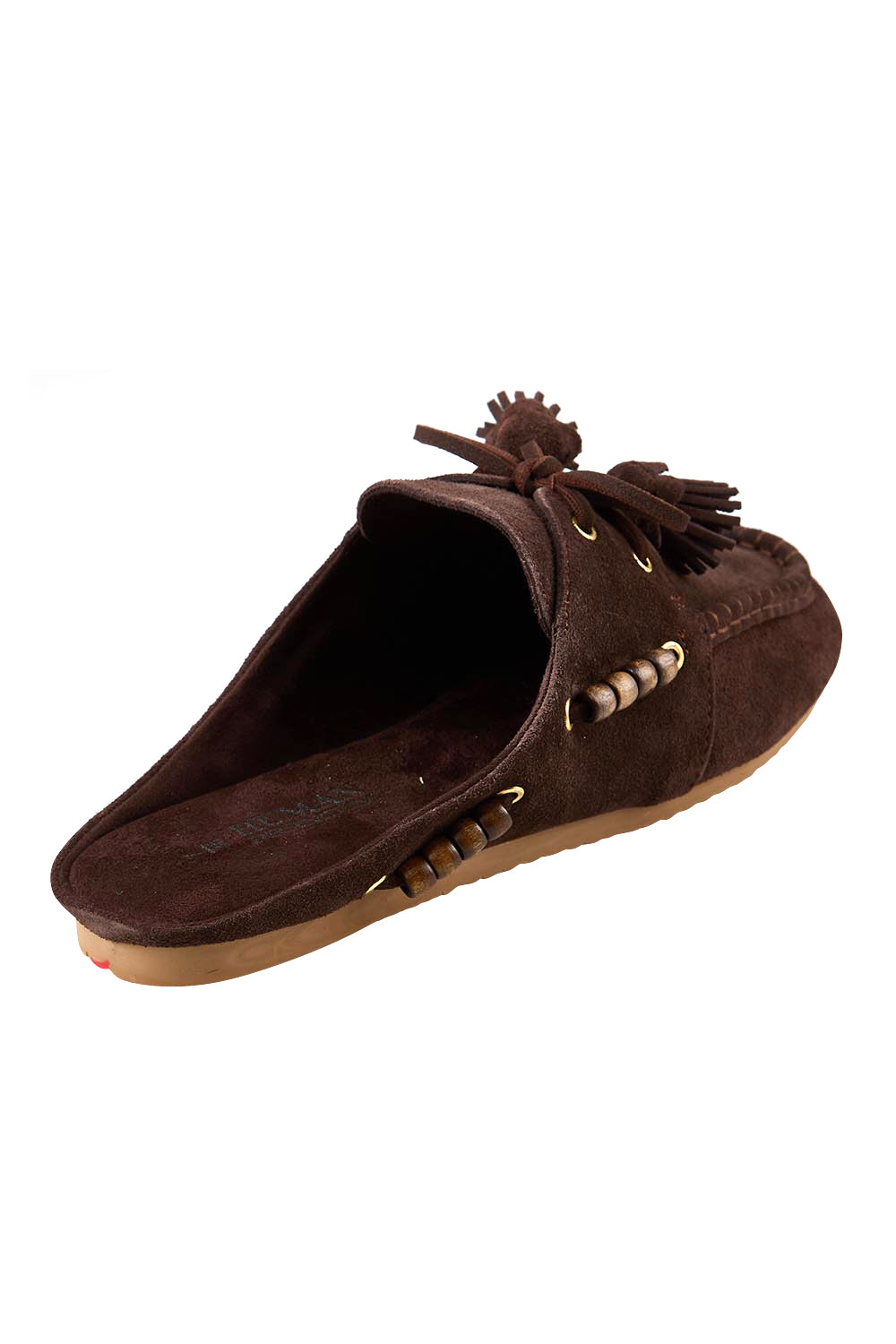 Product shot of the Kora Suede Leather Slide - Chocolate in colour Chocolate, from the back