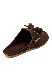 Product shot of the Kora Suede Leather Slide - Chocolate in colour Chocolate, from the back