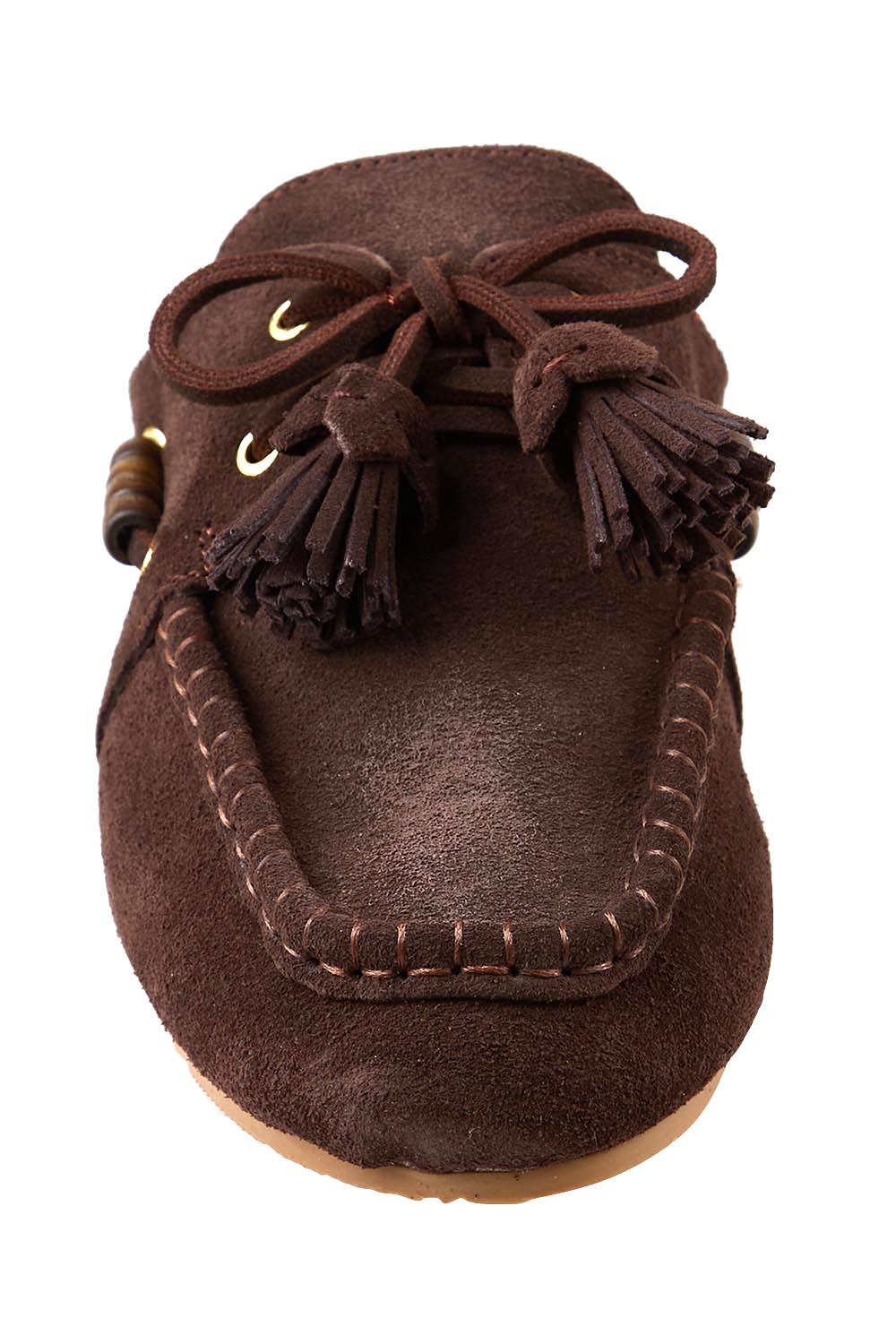Product shot of the Kora Suede Leather Slide - Chocolate in colour Chocolate, showing detail
