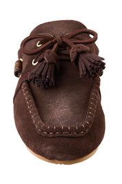 Product shot of the Kora Suede Leather Slide - Chocolate in colour Chocolate, showing detail