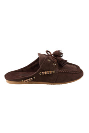 Product shot of the Kora Suede Leather Slide - Chocolate in colour Chocolate, from the front