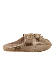 Product shot of the Kora Suede Leather Slide - Natural in colour Natural, from the front