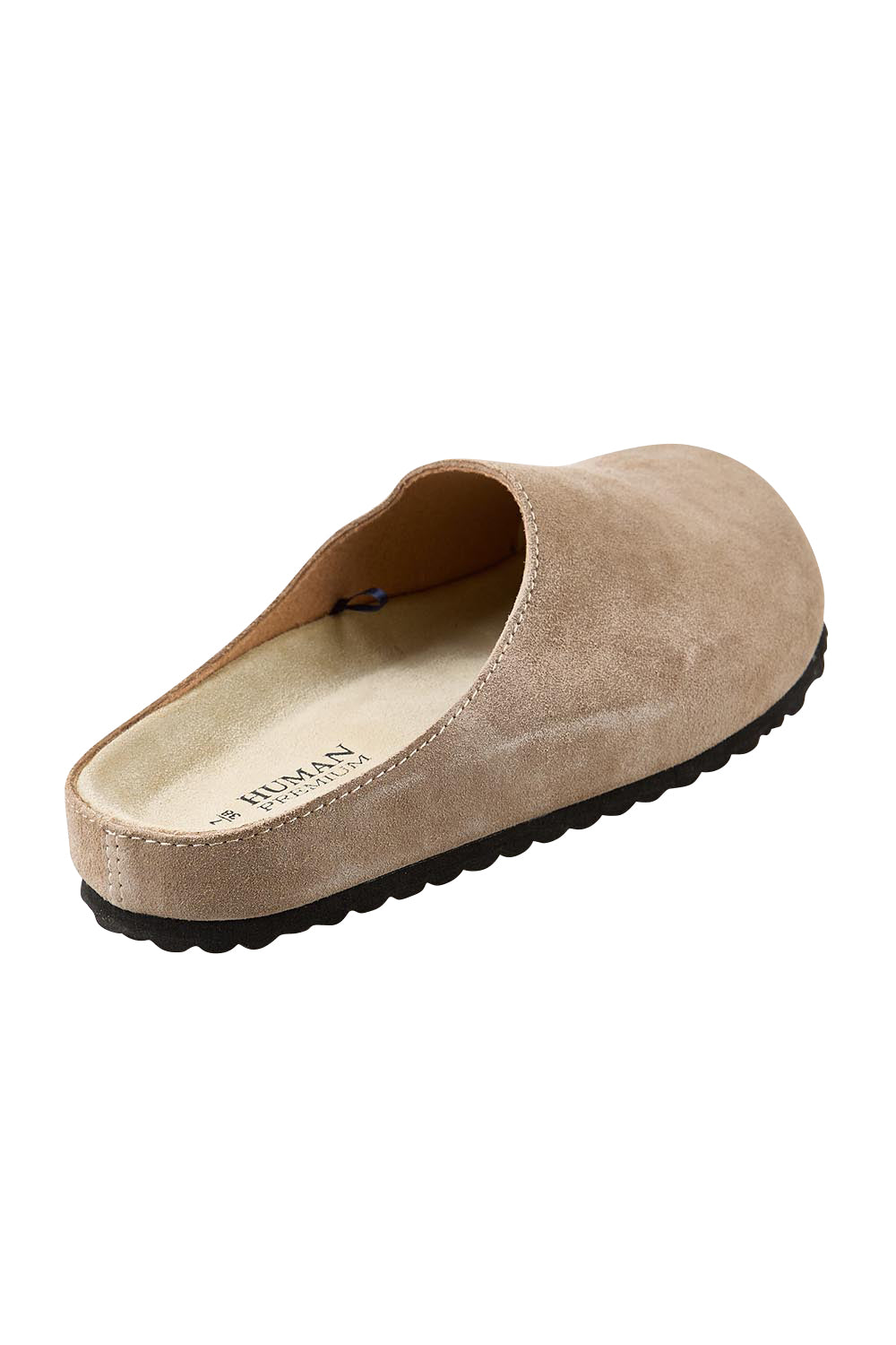 Product shot of the Saint Suede Leather Slide - Mushroom in colour Mushroom, from the back